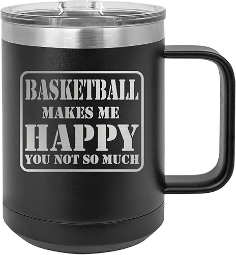 Rogue River Tactical Funny Basketball Makes Me Happy You Not So Much - Taza de café negra de acero inoxidable resistente con tapa, regalo novedoso