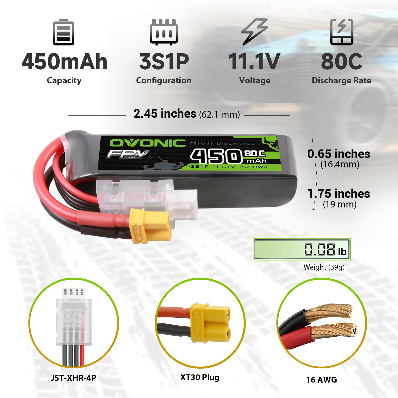 OVONIC 11.1V 80C 450mAh 3S Lipo Battery Long Size with XT30 Plug [1 Package Including 2 Batteries]