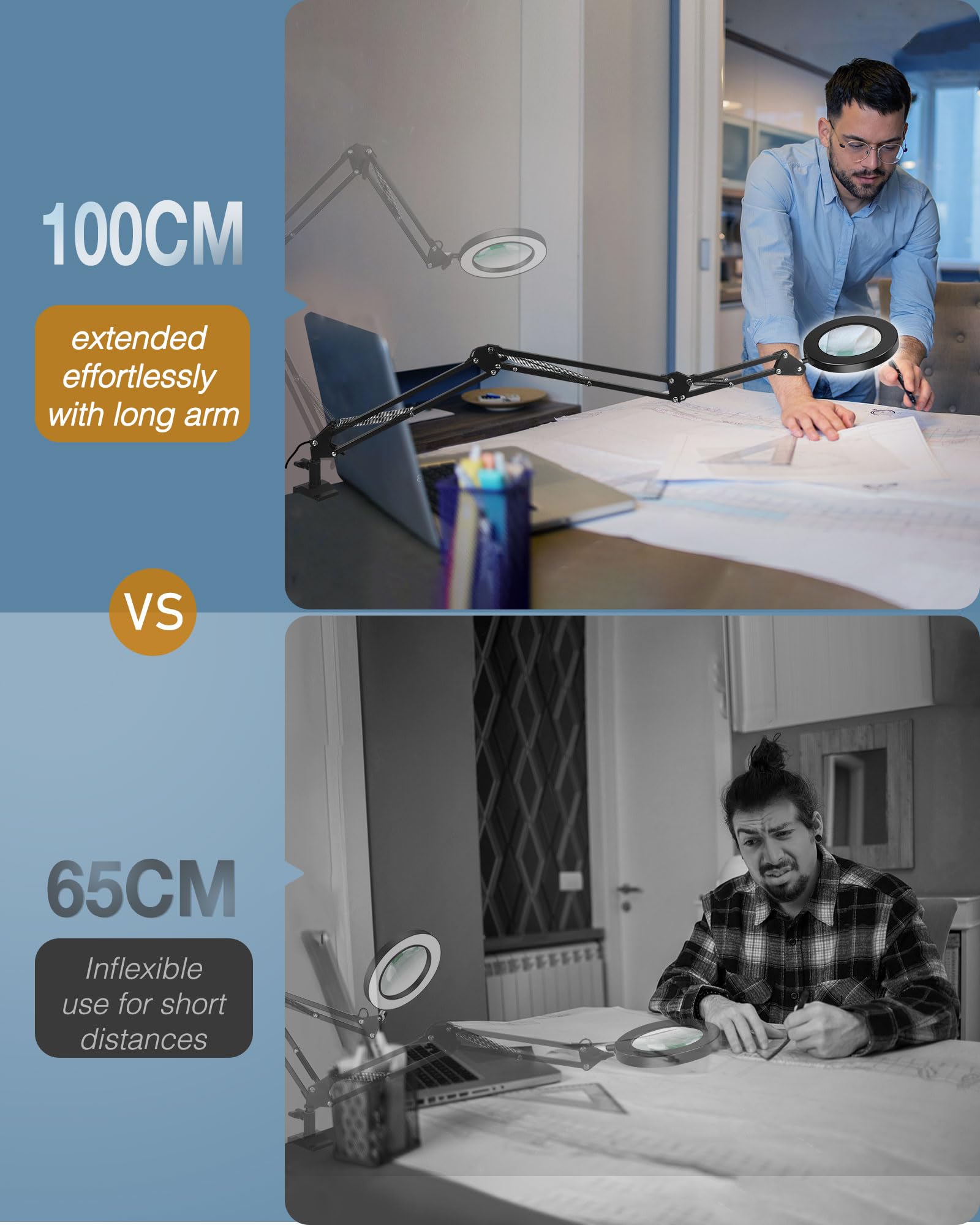 Loupe 8X avec lumière et Pince, Lampe loupe à Bras d'extension,lentille HD