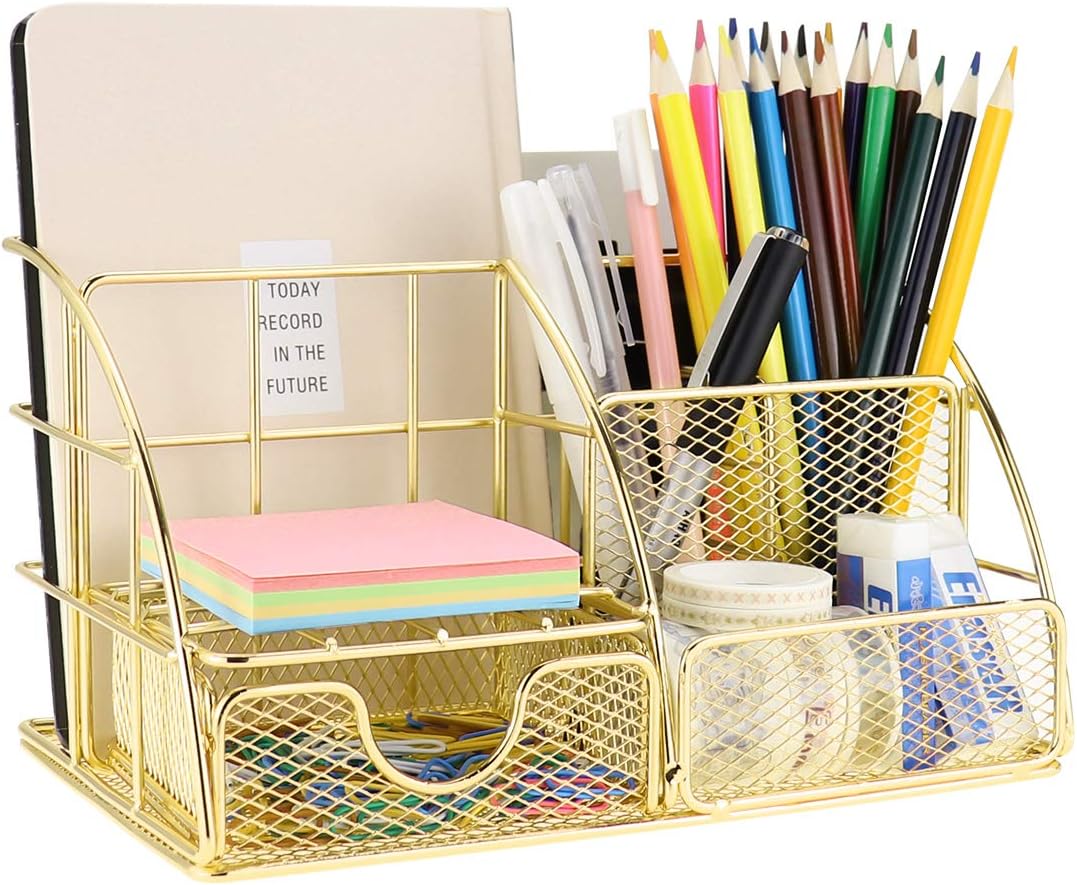 MORIGEM Desk Organiser, Gold Office Organiser with Mail Organiser, Pen