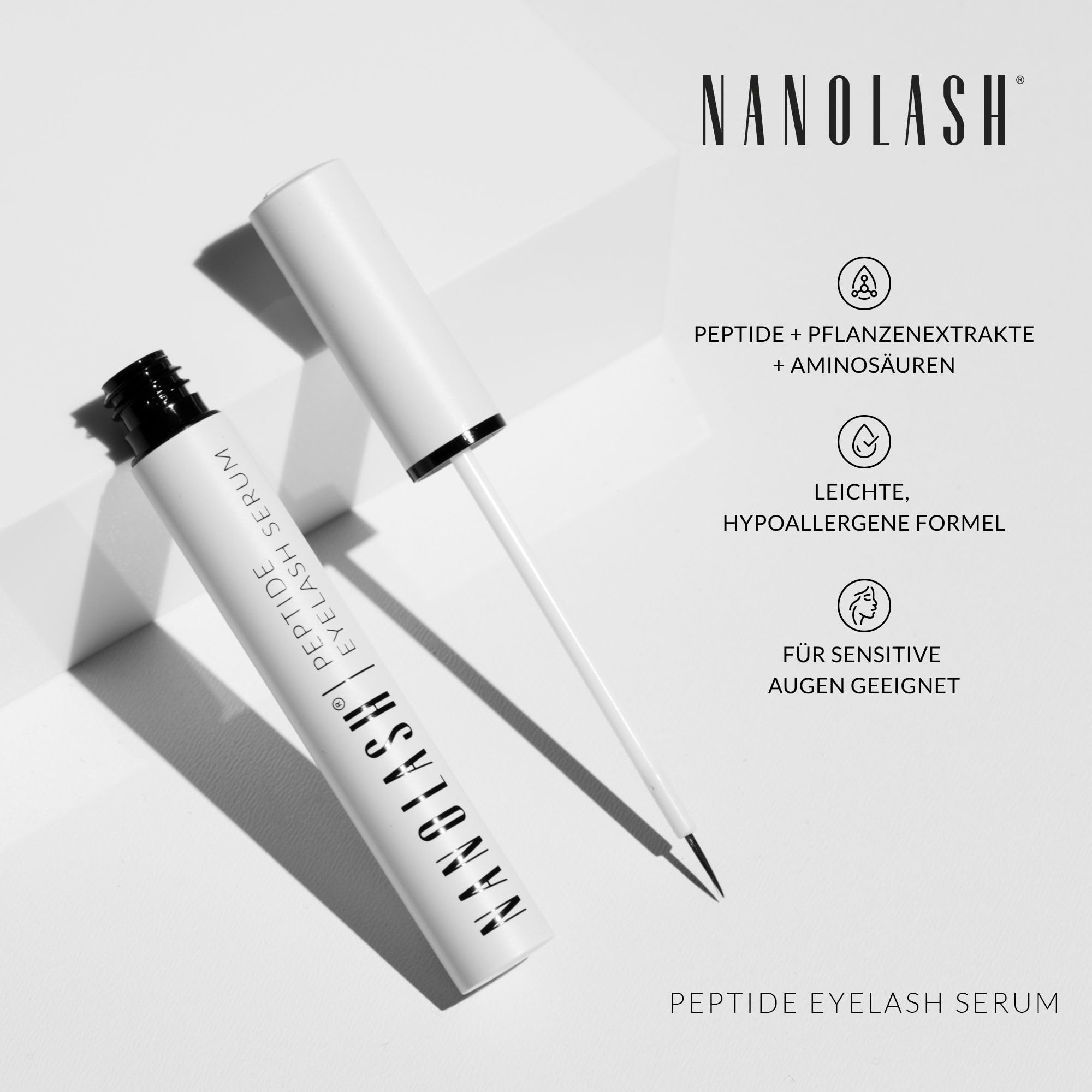 Nanolash Wimpernserum 5 ml - Peptidhaltiges Serum für Wimpern, ohne Hormone, stärkt Wimpernstruktur, reduziert Haarbruch, transparent, für alle Hauttypen und Geschlechter