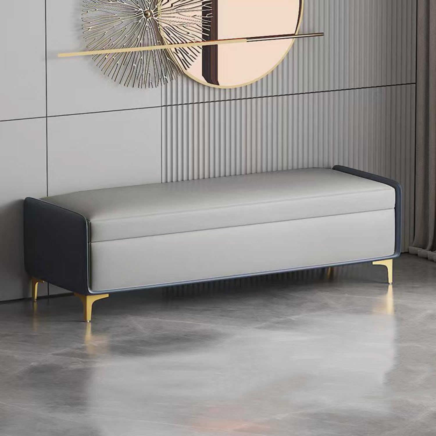 Banc rembourré de rangement haut de gamme avec pieds dorés pour coiffeuse