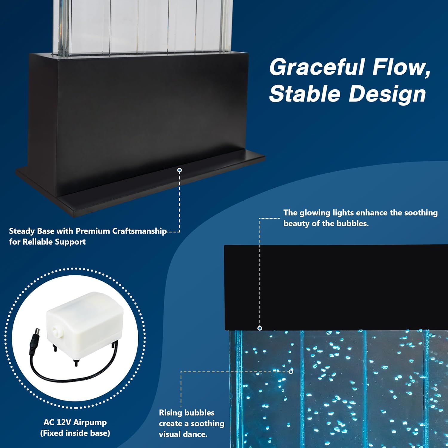 47" Floor-Standing Bubble Wall – LED Sensory Fountain with Color-Changing Water Panel, Remote & App Control for Sensory Rooms, Schools & Home