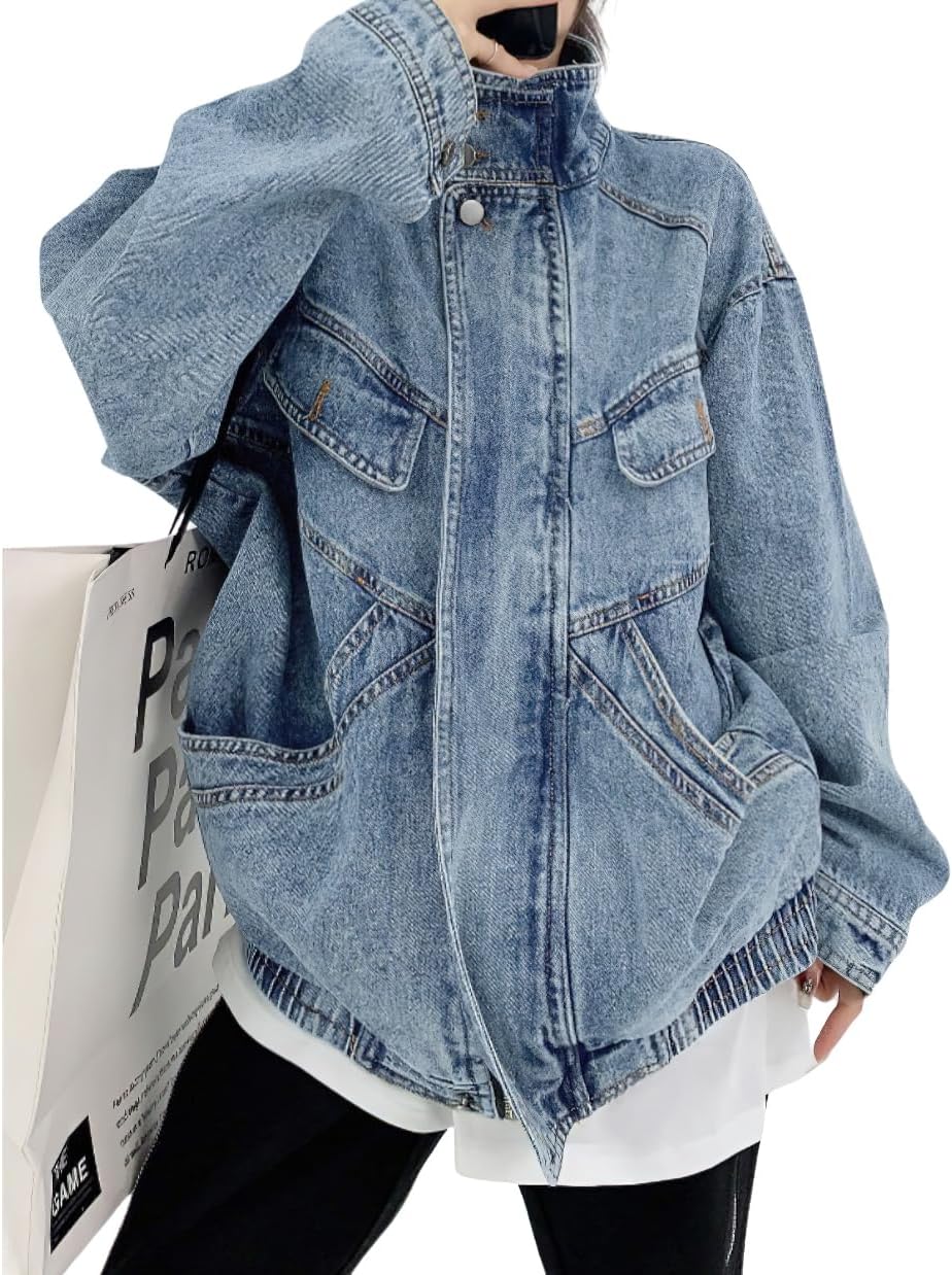chouyatou Women's Oversized Stand Collar Shacket Jean Jacket Zip Up Distressed Frayed Denim Jacket Coat
