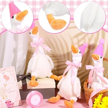 10Set One Silly Goose Birthday Decor 1st Baby Shower Party Favor 15.7 Inch White Geese Plush Stuffed Animal with Mini Party Hats Wood Table Decoration Greeting Cards Pink Ribbons for Guest Gifts