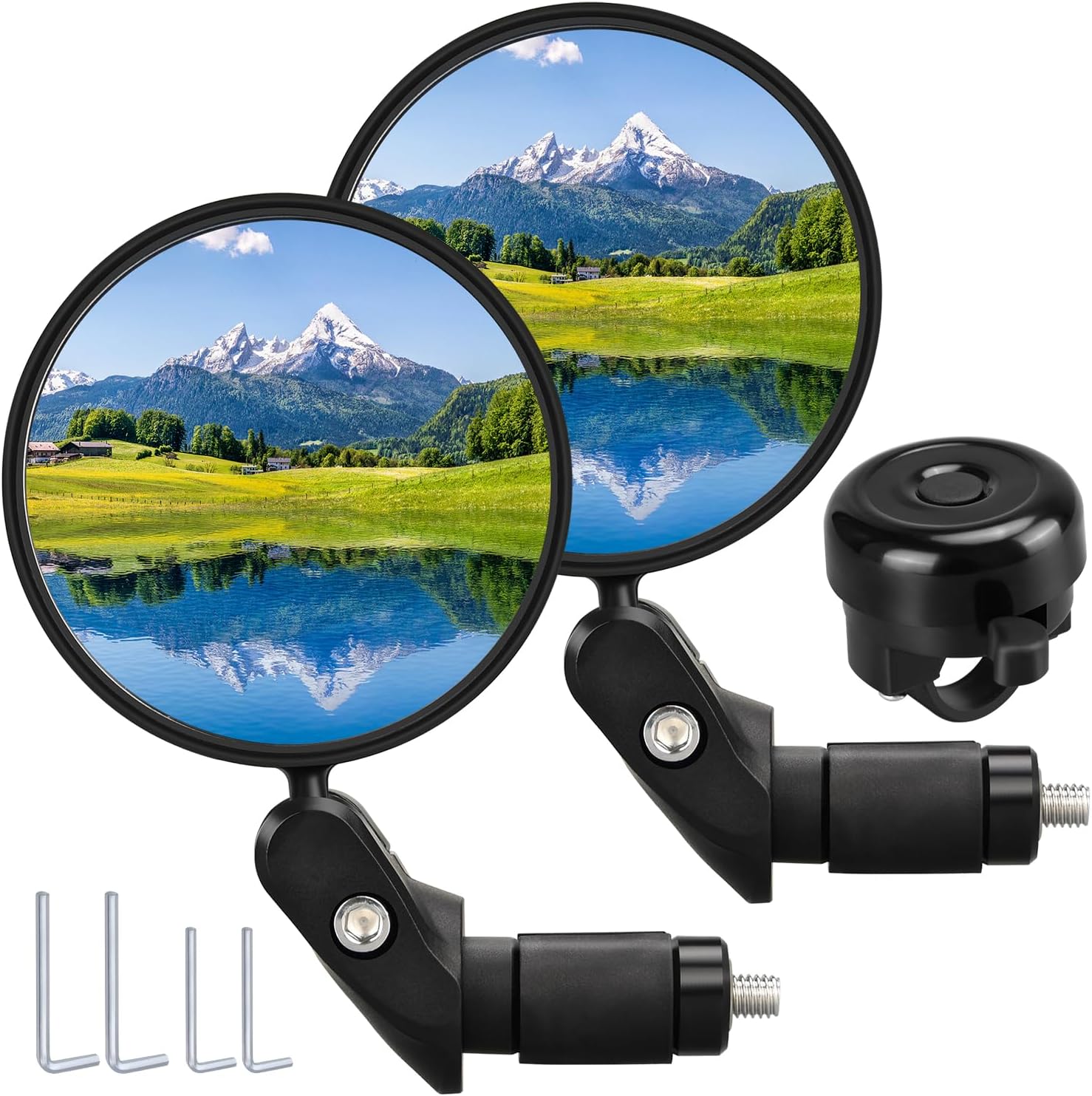 Handlebar Bike Mirror, 2pcs Bicycle Rearview Mirror with 1pcs Bike Bell, HD Safety Bike Rear View Mirror, Adjustable Handlebar Mounted Convex Mirror with Allen Wrench, (2 Mirror +1pcs Bell)