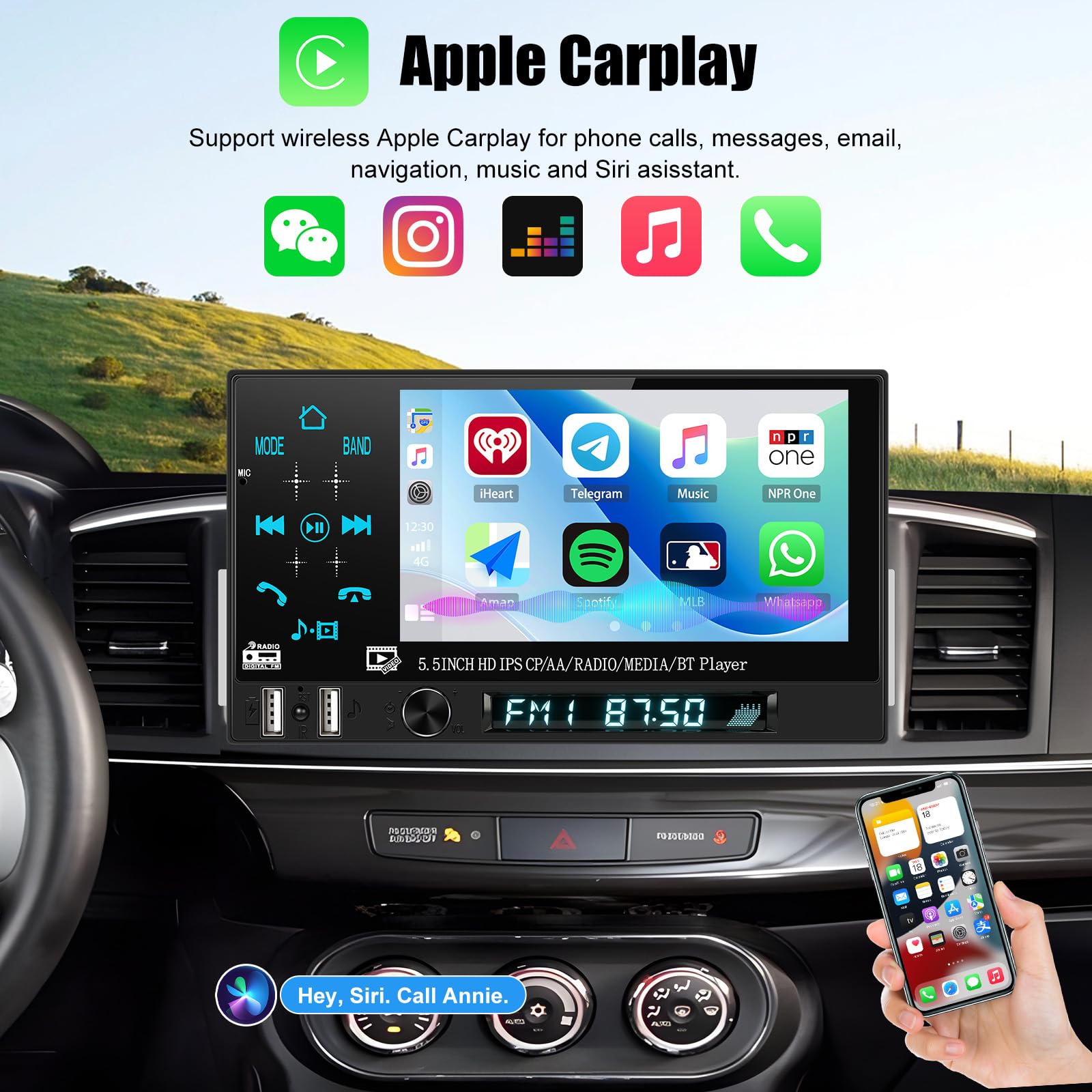 CAMECHO Autoradio 1 Din Wireless Carplay Android Auto Bluetooth Radio, 5.5 Zoll Touchscreen mit IPS HD Bildschirm 1280 * 720 mit Rückfahrkamera Mirror Link Lenkradsteuerung + 2 USB Anschlüsse