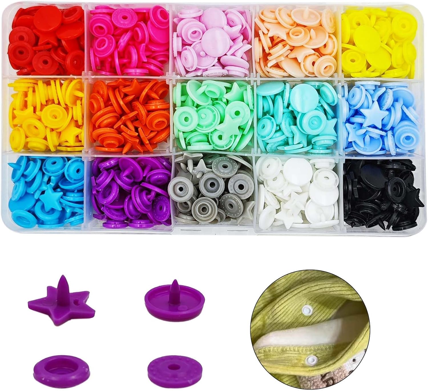 150 Sets Assortment Floral Pattern T5 Snap Fasteners, No-Sew Snap Fasteners Buttons Kit, Flower Resin Plastic Snaps for Jackets, Jeans, Belts, Hats, Pet Clothes, Bags & DIY Crafts, 15 Assorted Color