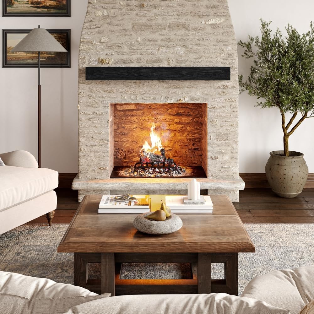 Country Living Lodge 60 Inch Cast Stone Fireplace Mantel Shelf | Rustic Wood-Grain Design | Non-Combustible & Heat Resistant | Heavy-Duty Mounting Bracket Included | Stout Finish