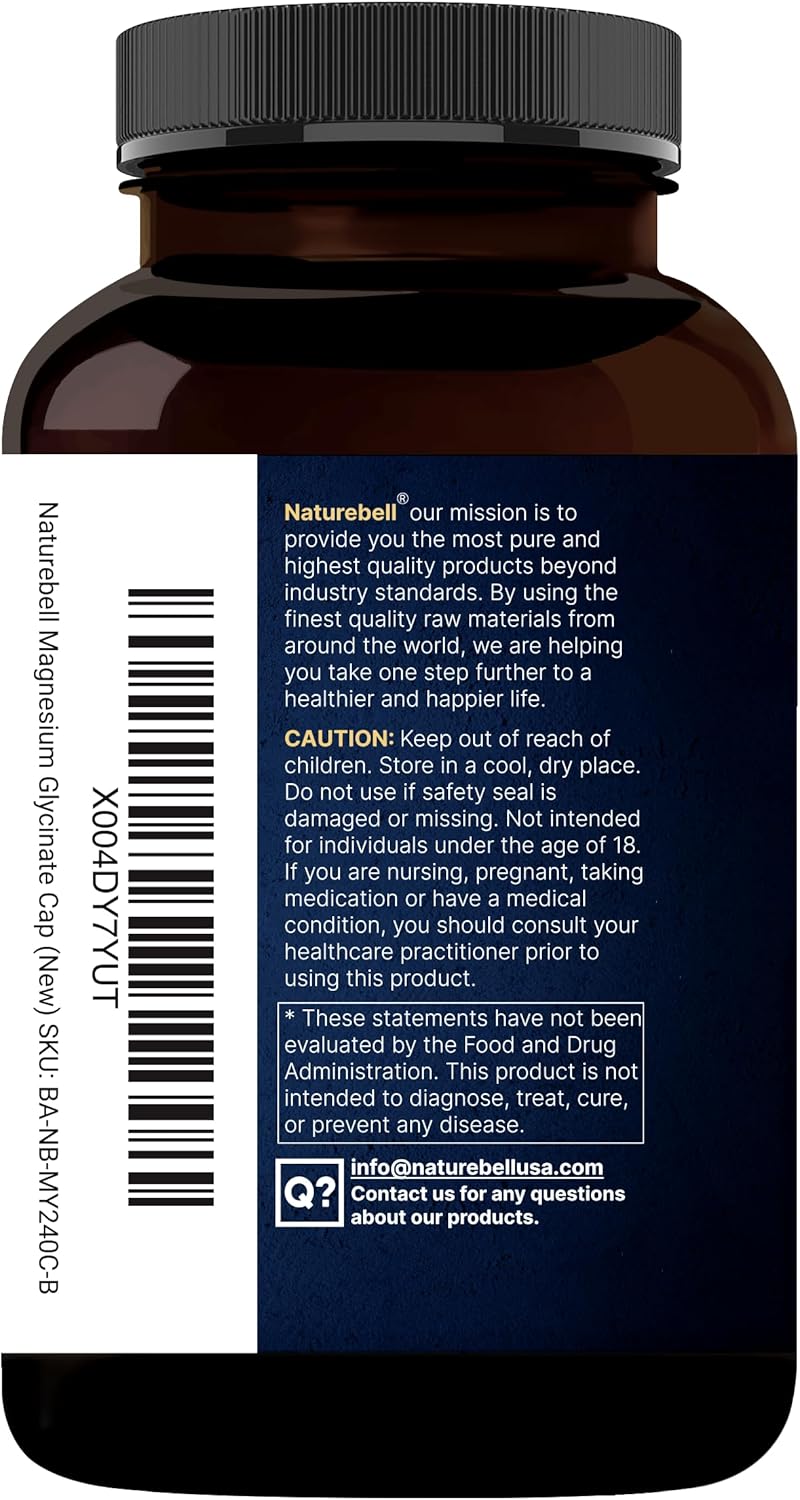 Naturebell Pure Magnesium Glycinate 500mg, 240 Veggie Capsules | 100% Chelated & Purified – 3rd Party Tested, Vegan Friendly, Non-GMO, Filler Free