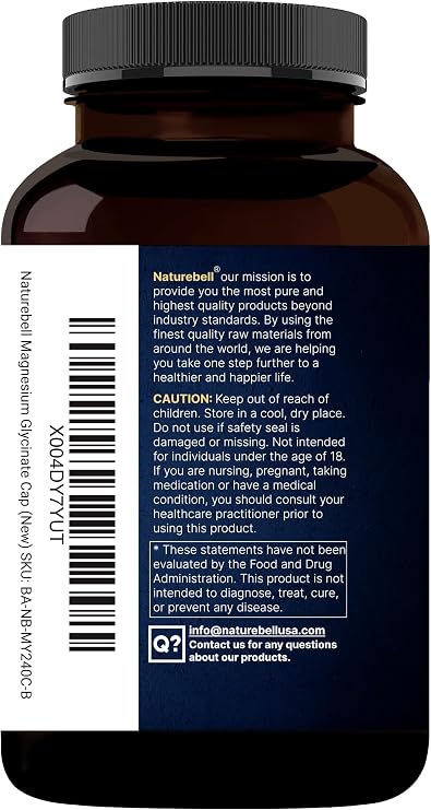 Naturebell Pure Magnesium Glycinate 500mg, 240 Veggie Capsules | 100% Chelated & Purified 3rd Party Tested, Vegan Friendly, Non-GMO, Filler Free