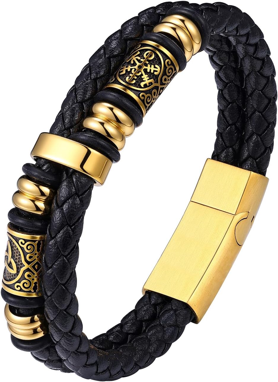 Bestyle Genuine Men Leather Bracelets Fashion Stainless Steel Celtic Beaded Wristband for Men, Size 7.5/8.3/9.1/9.8Inch Men Bracelet, Message Card Offered