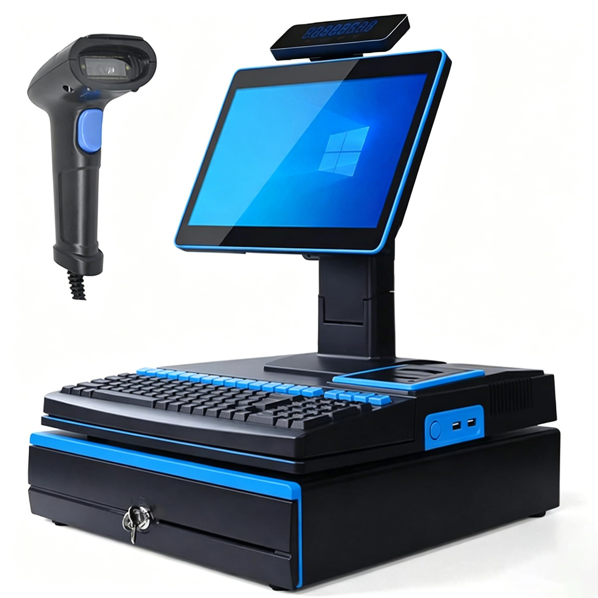 Caisse Enregistreuse Professionnelle pour Petites Entreprises, écran Tactile 15,6 Pouces, Affichage Client, Tiroir-Caisse, Imprimante Thermique, Lecteur de Codes-Barres 2d Single Screen Blue