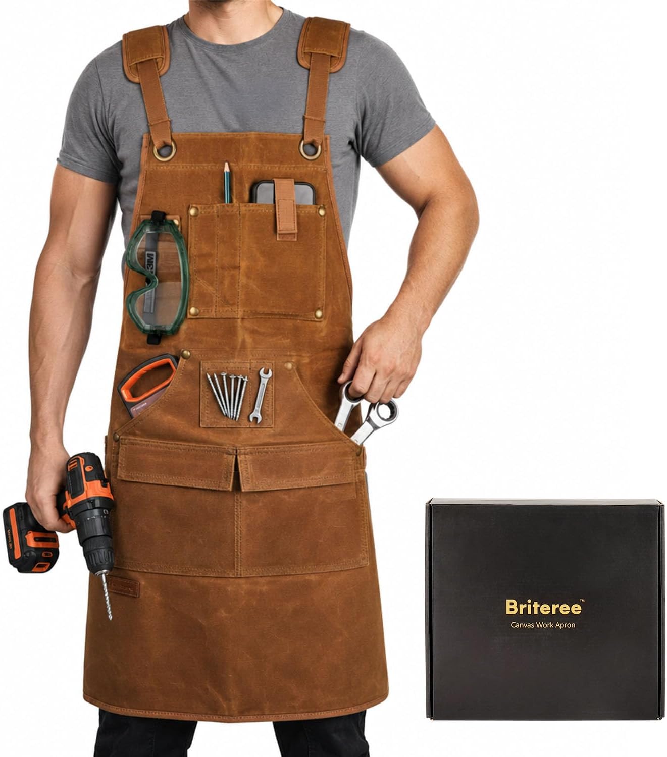 Woodworking Apron for Men, with 9 Tool Pockets, Durable Waxed Canvas Work Apron for Woodworkers Carpenters, Gifts for men for Christmas (Brown -Waxed Canvas Apron)