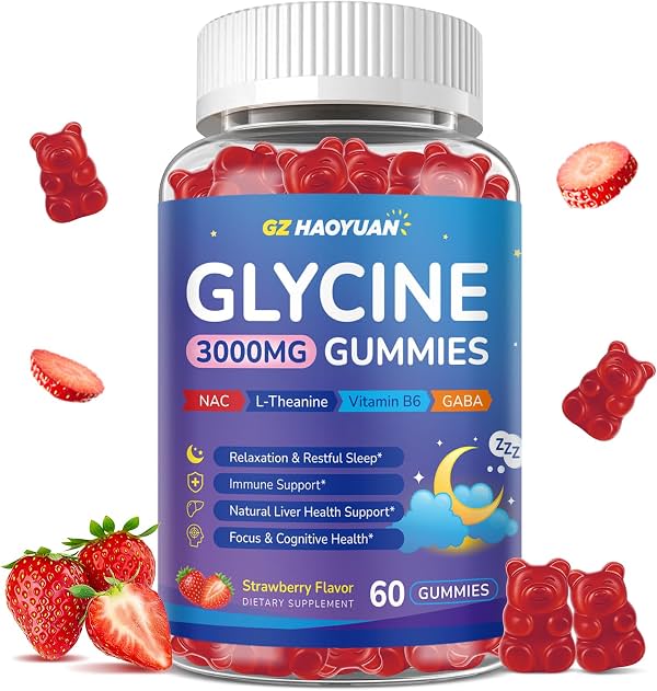 Gomitas de Glicina, Suplementos de Glicina 3g con NAC, L-Teanina, GABA, para sueño, relajación, apoyo nervioso y cerebral, sin azúcar, vegano, sabor fresa, 60 unidades