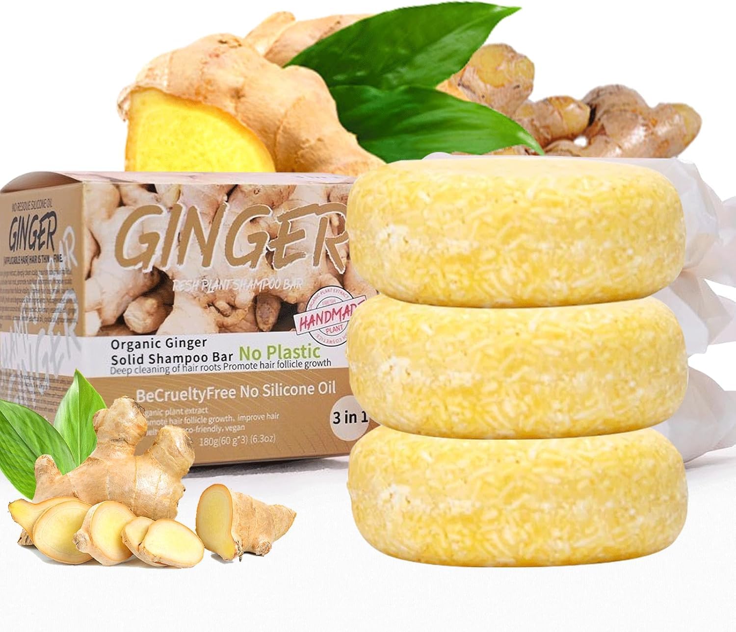 3PCS Ginger Hair Regrowth Shampoo Bar, Organic Ginger Shampoo Bar for Hair Loss Anti-Dandruff & Anti-Itch Solid Shampoo