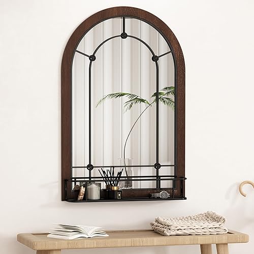 AZODY Espejo de pared de ventana arqueada con estante, espejo de entrada colgante blanco de 36 x 24 pulgadas, espejos decorativos para decoración de