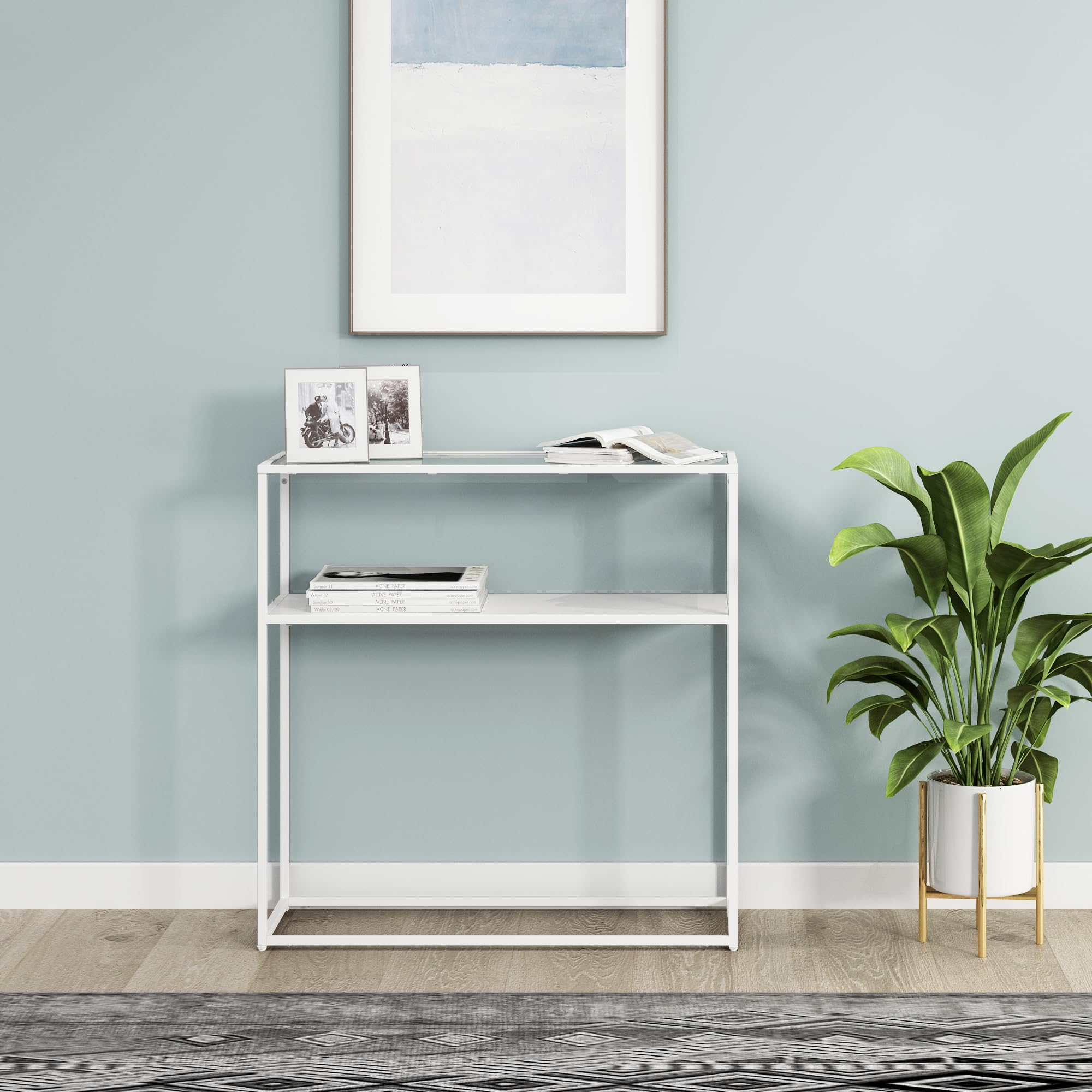 [en.casa] Tavolo a Consolle in Metallo e Piano Tavolo in Vetro Temperato Mobile da Ingresso Corridoio 80 x 80 x 30 cm Consolle Stretto con 2 Piani di Appoggio - Bianco