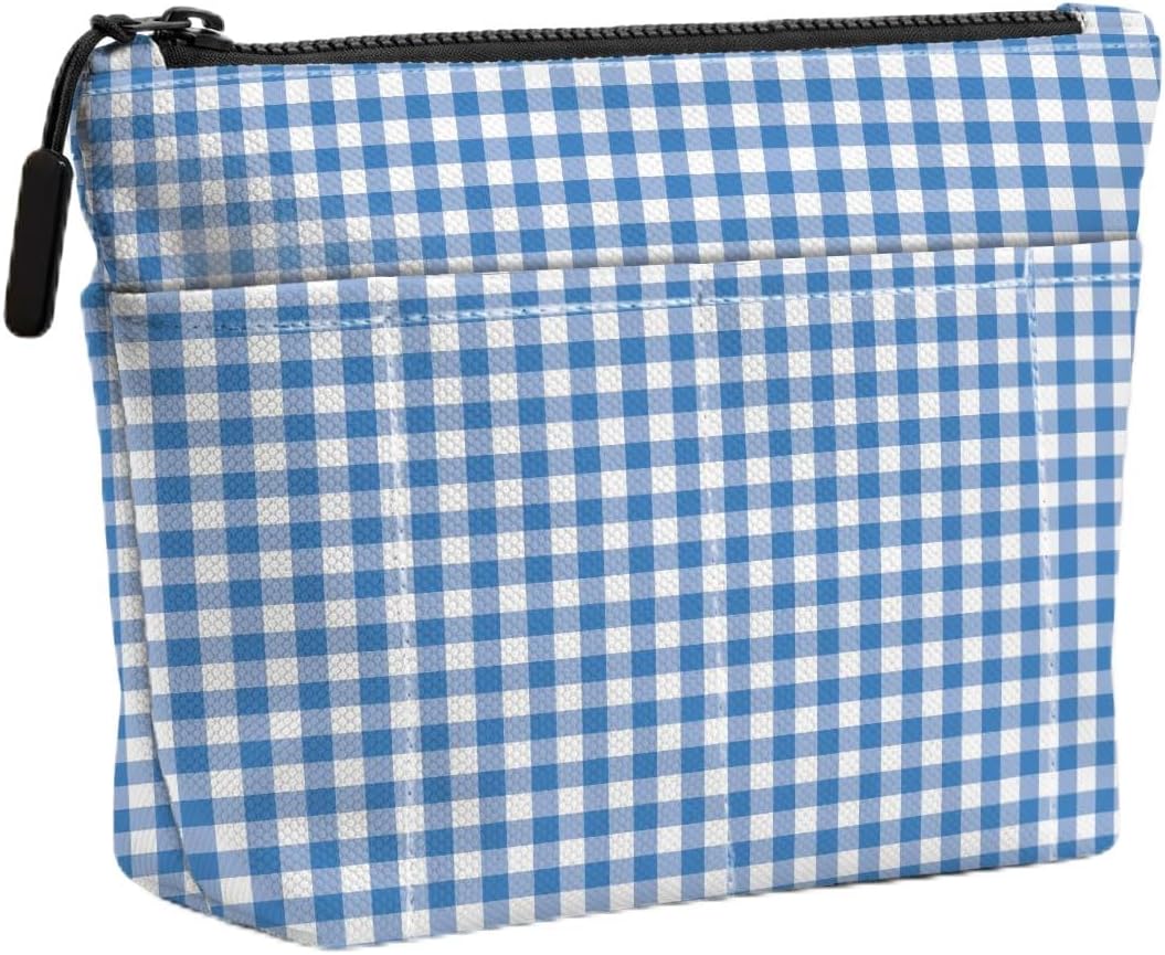 Blue Gingham Makeup Bag, Portable Travel Toiletry Cosmetic Bag with Front Pocket, Multi Purpose Makeup Organizer Storage Pouch, Gift for Women Girls Friends Daily Use, Camping, Birthday Christmas