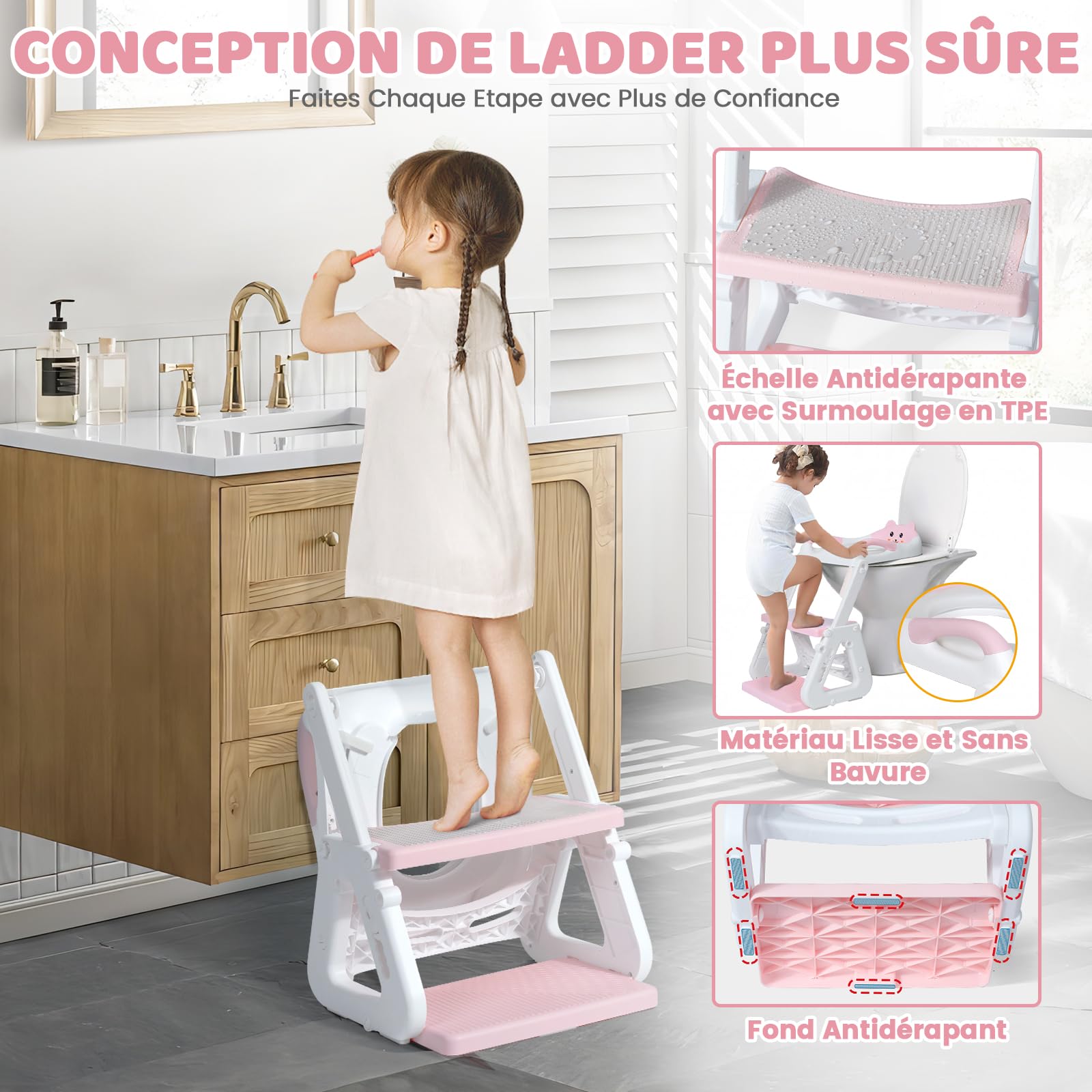 Réducteur + Rehausseur Toilette Enfant Pliable - Siège WC Ajustable Avec Marche Et Coussin PVC - Antidérapant