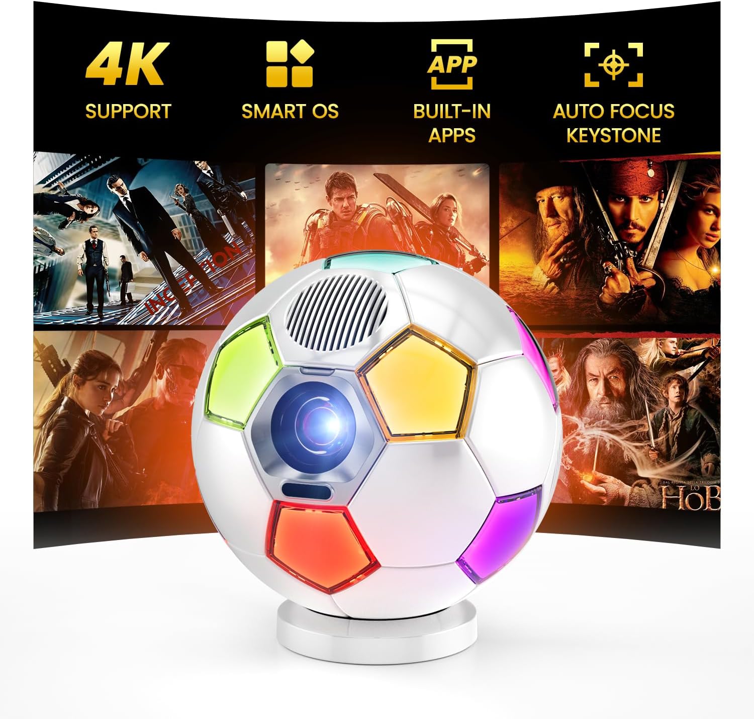 2026 New 4K Projector with WiFi and Bluetooth, Built-in Apps Movie with Auto Electric Focus & Keystone,soccer led Proyector with speaker for Indoor/Outdoor, Compatible with Phone/TV Stick/PC/PS5