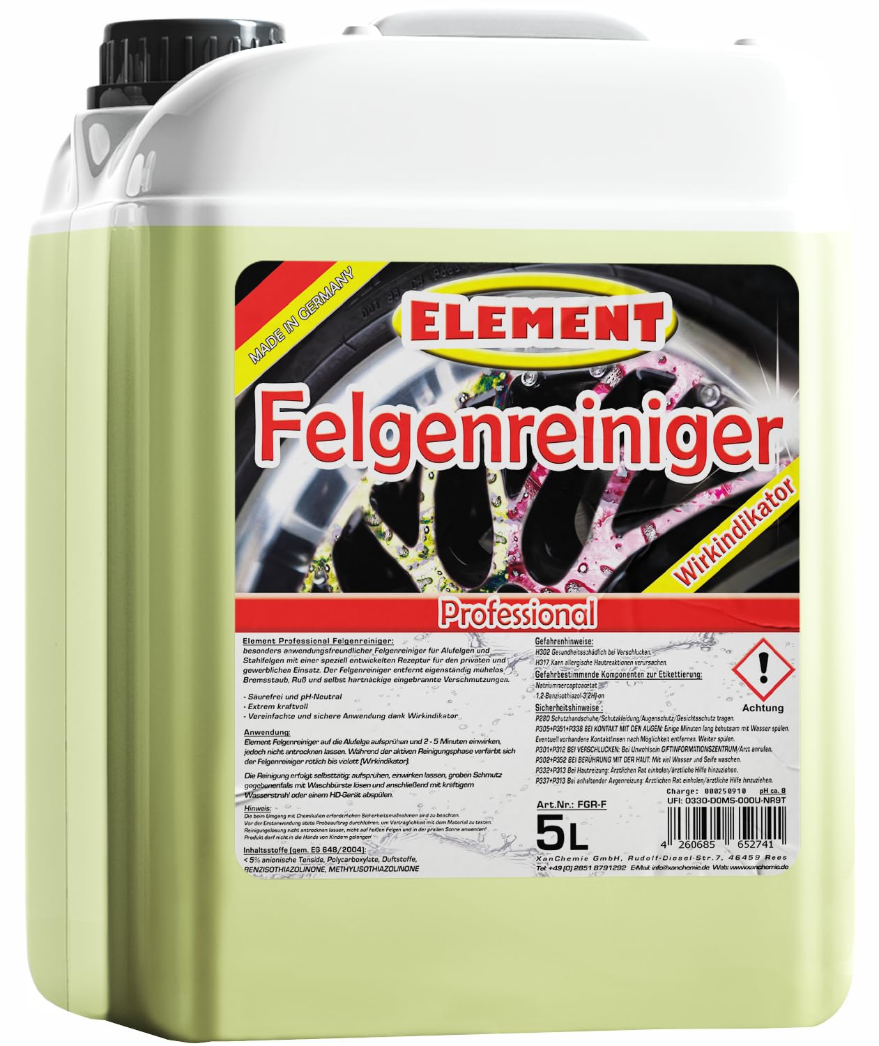 Element Felgenreiniger zur Felgenpflege | Professioneller Felgenreiniger | effiziente & säurefreie Reinigung für Leichtmetall & Stahlfelgen | Wirkindikator | pH-neutral und säurefrei | 5 Liter