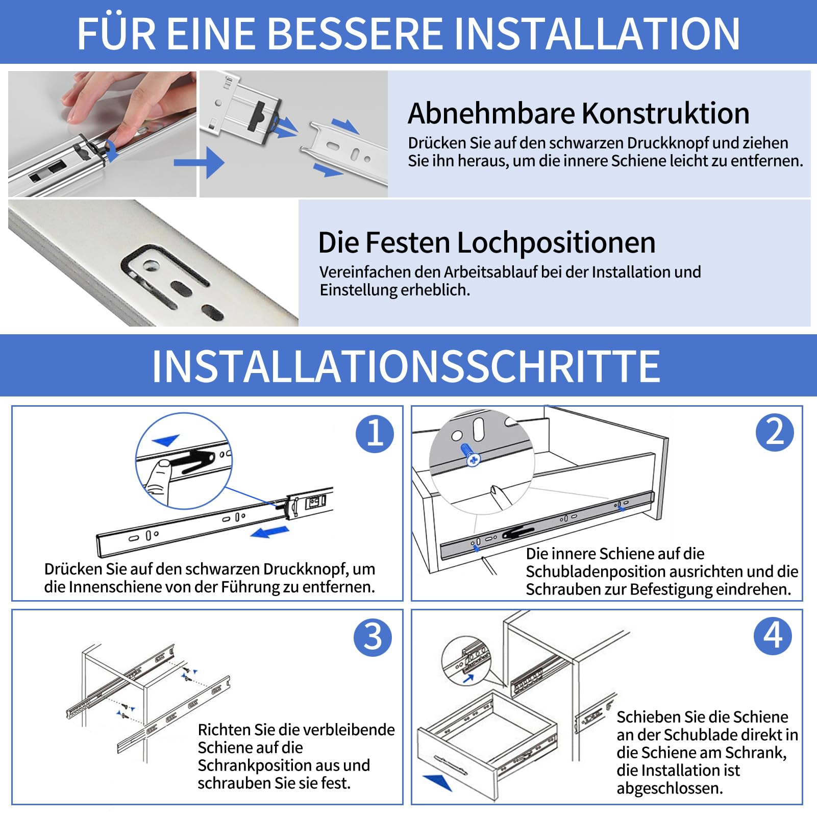 YIHAKIDS Schubladenschienen 400 mm 3-fach Vollauszug mit Soft-Close 45 kg