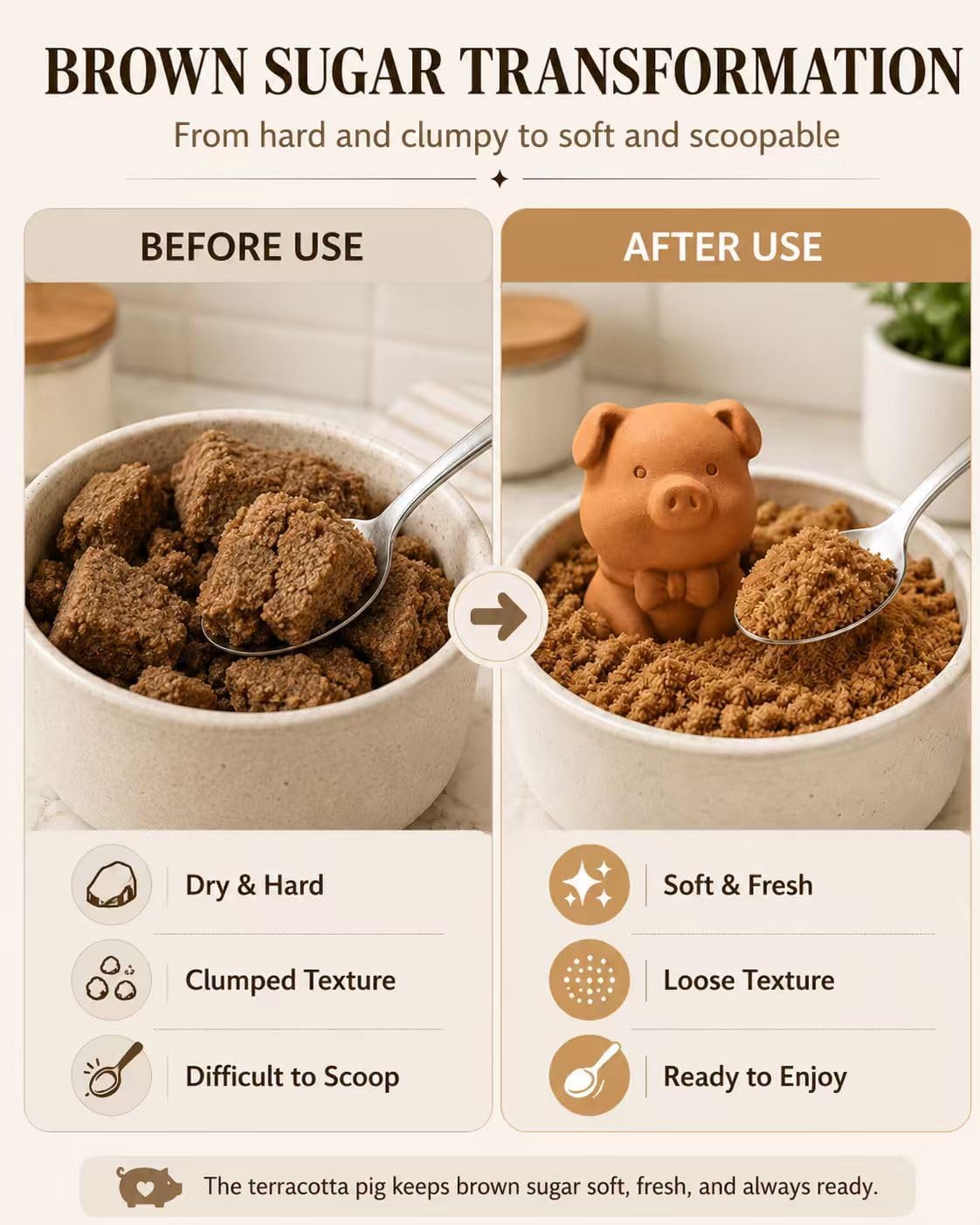 Terracotta Brown Sugar Keeper – Pig Shaped Sugar Saver, Natural Clay Moisture Holder for Baking Essentials Like Cookies, Marshmallows & Herbs – Reusable Kitchen Freshness Solution (Set of 1)
