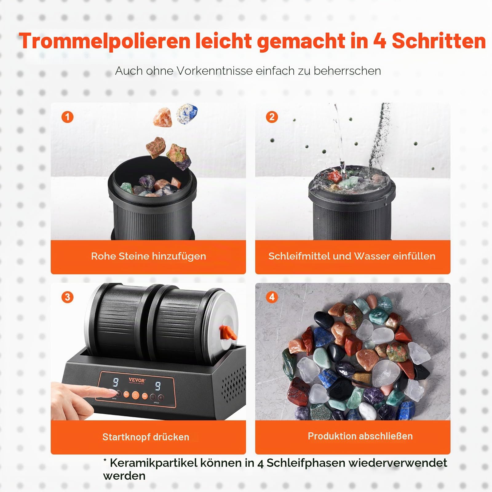 VEVOR Steinpoliermaschine Doppeltrommel-Steinpoliermaschine 9 Geschwindigkeitsstufen, 9-Tage-Poliertimer Steinpolierer Direktantriebsmotor 35 dB leiser Rotationspolierer schwarz
