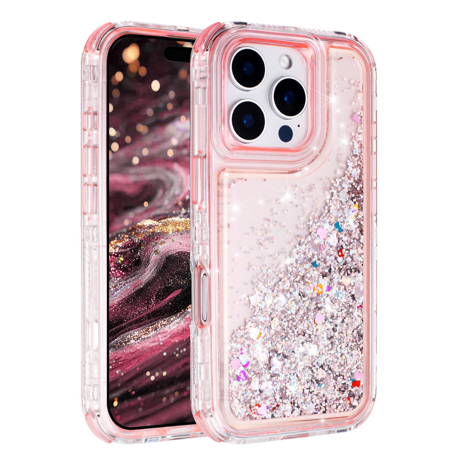 Tikoo for iPhone 16 Pro Case Glitter for Women Girl Clear 3-in-1 Heavy Duty Protective Phone Case with Floating Liquid Quicksand Shiny Bling Sparkly Cute iPhone 16 Pro Case 6.3” (Pink)