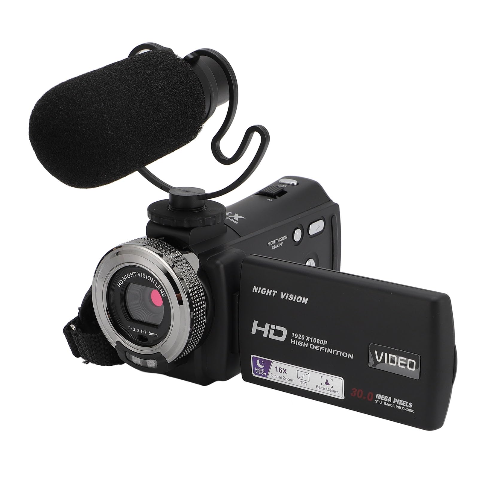 Videocamera, Videocamera Digitale da 30 MP 1080P con Zoom Digitale 16X, Videocamera DV con Microfono, Display LCD a Colori da 3 Pollici, Visione Notturna IR, Funzione Bellezza