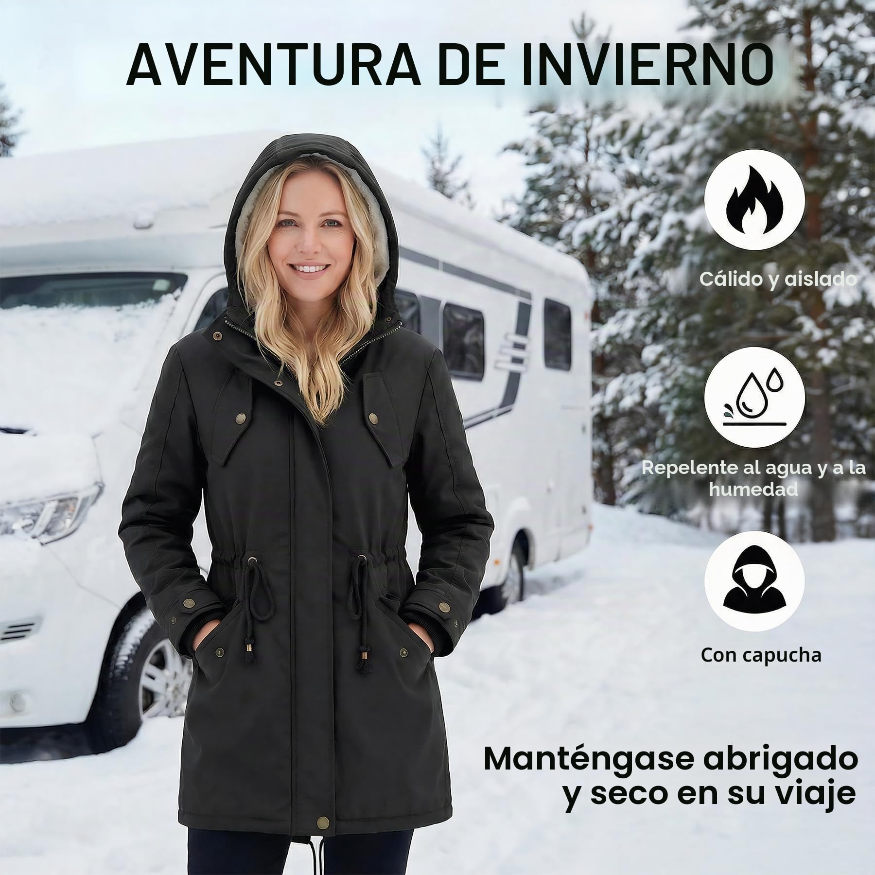 YYNUDA Parka de invierno con capucha de algodón para mujer, chaqueta cálida para exterior, Negro