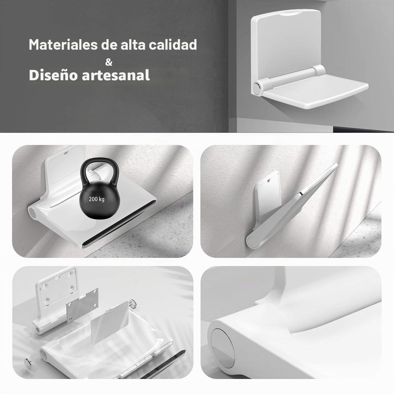 Asiento de Ducha Abatible Grueso con Respaldo de Pared - 200kg Capacidad Antideslizante, Silla Plegable para Personas Mayores, Blanco
