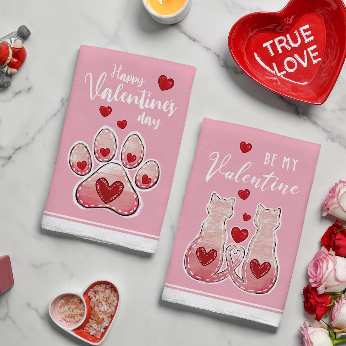 Artoid Mode Pink Cat Paw Print Love Heart Valentine's Kitchen Towels Dish Towels, 18x26 Inch Anniversary Wedding Decoration Cleaning Set of 2 - Image 5