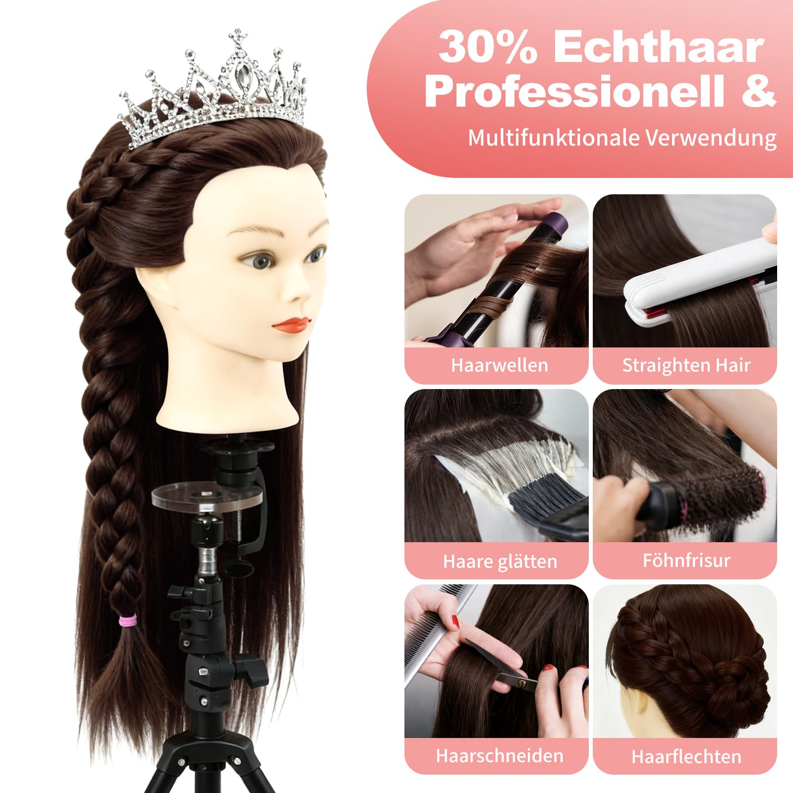 Trintion Frisierkopf Trainingsköpfe Übungskopf Friseur 28" Synthetik Haar Trainingskopf Frisurenkopf Puppenkopf Frisierkopf Halter mit DIY Haar Zubehör Styling Set (28" Dunkelbraun+Kammset)