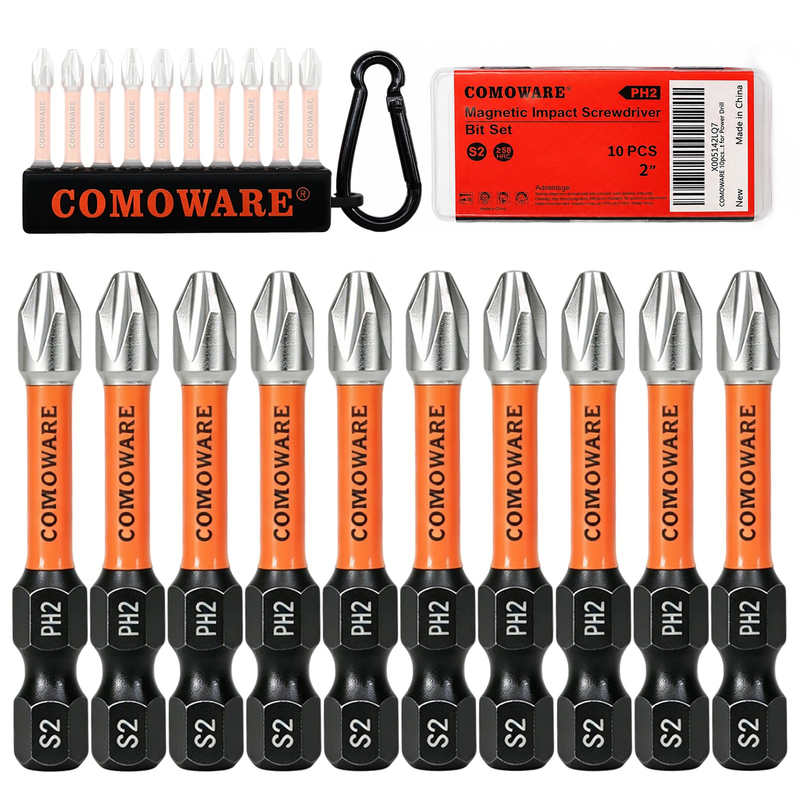 COMOWARE 10PCS PH2 Impact Screwdriver Bit Set, 2" Magnetic Phillips Drill Bits #2, S2 Steel 1/4" Hex Power Bit Set with Storage Case and Carabiner Clip, Impact Rated for Drill and Driver