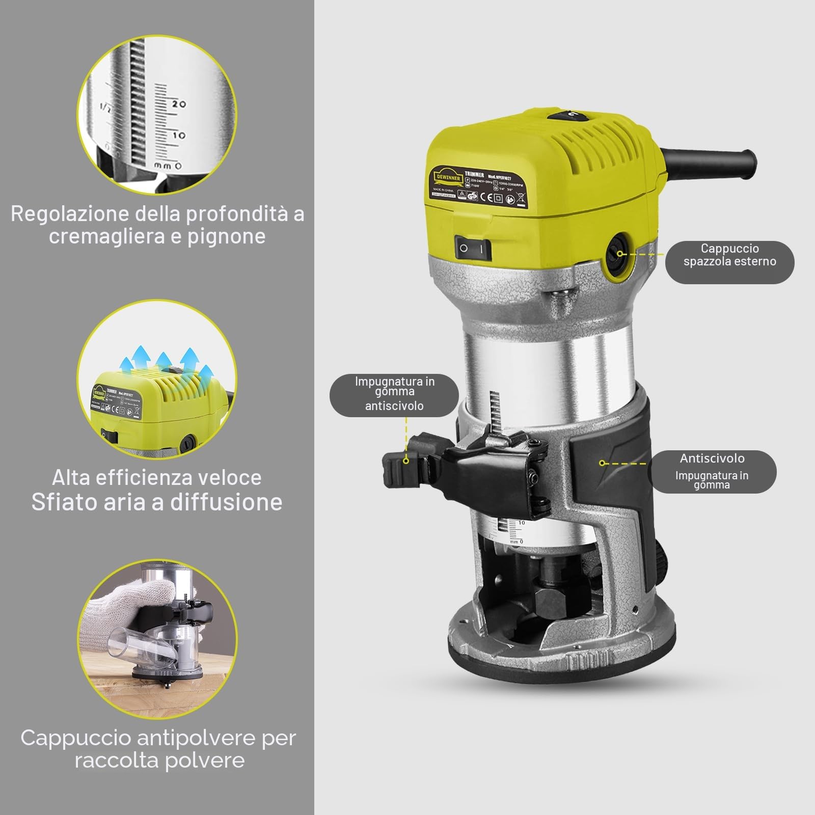 Fresatrice Rifilatore, DEWINNER Router di legno elettrico 710W 13000-33000 giri/min, 6 velocità variabili, 3 pinze da 1/4'', 6mm e 8mm, laminatore professionale con accessori