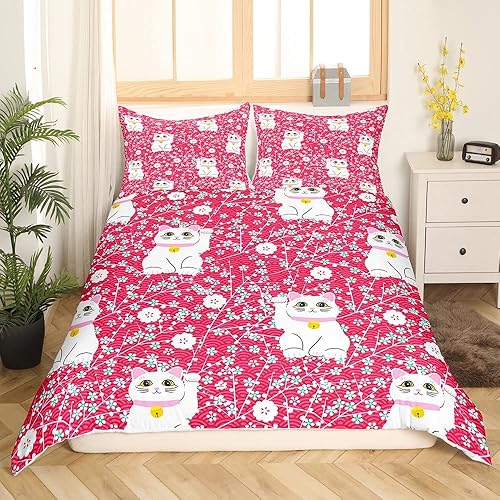 Erosebridal Juego de ropa de cama Lucky Cat con diseño de flores de cerezo, funda de edredón para niños, niñas, adolescentes, mujeres, decoración de