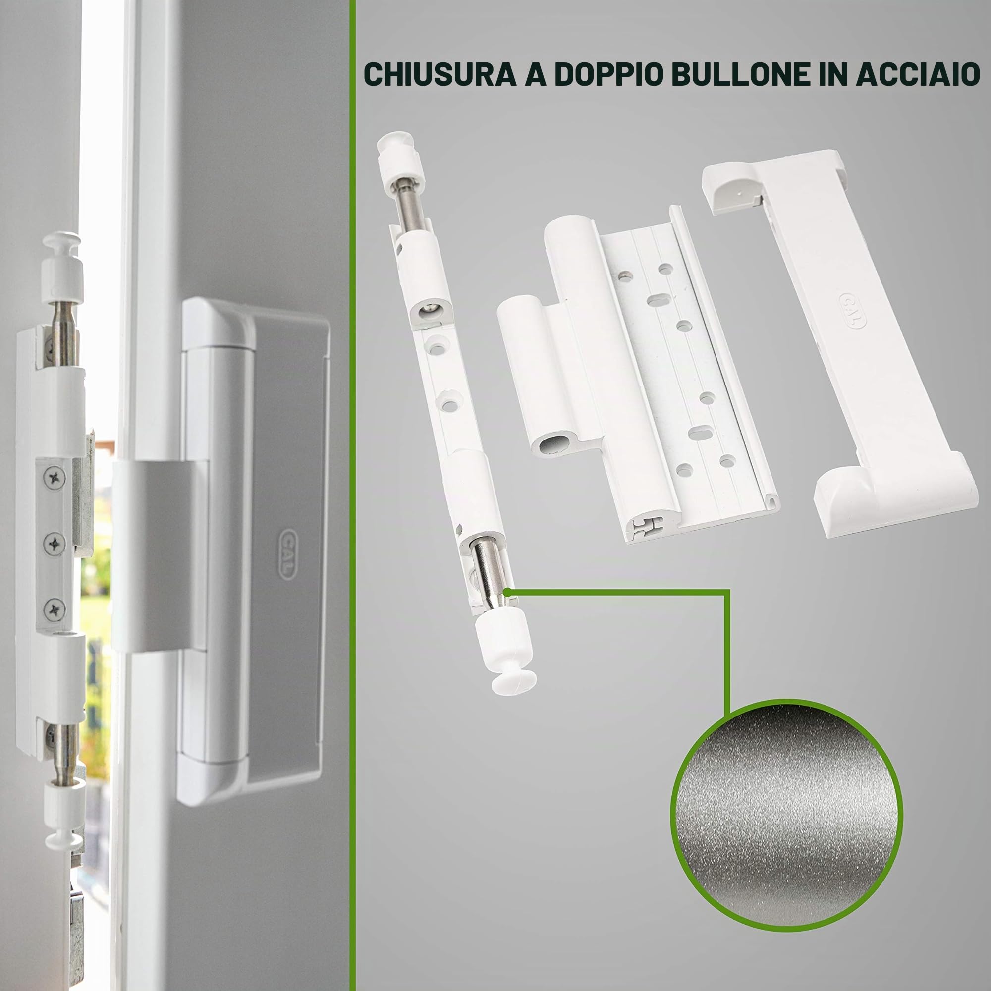 Cal Doublex XL - Blocco di sicurezza antifurto per finestre, sicurezza per porte e finestre - Con 2 cerniere in acciaio