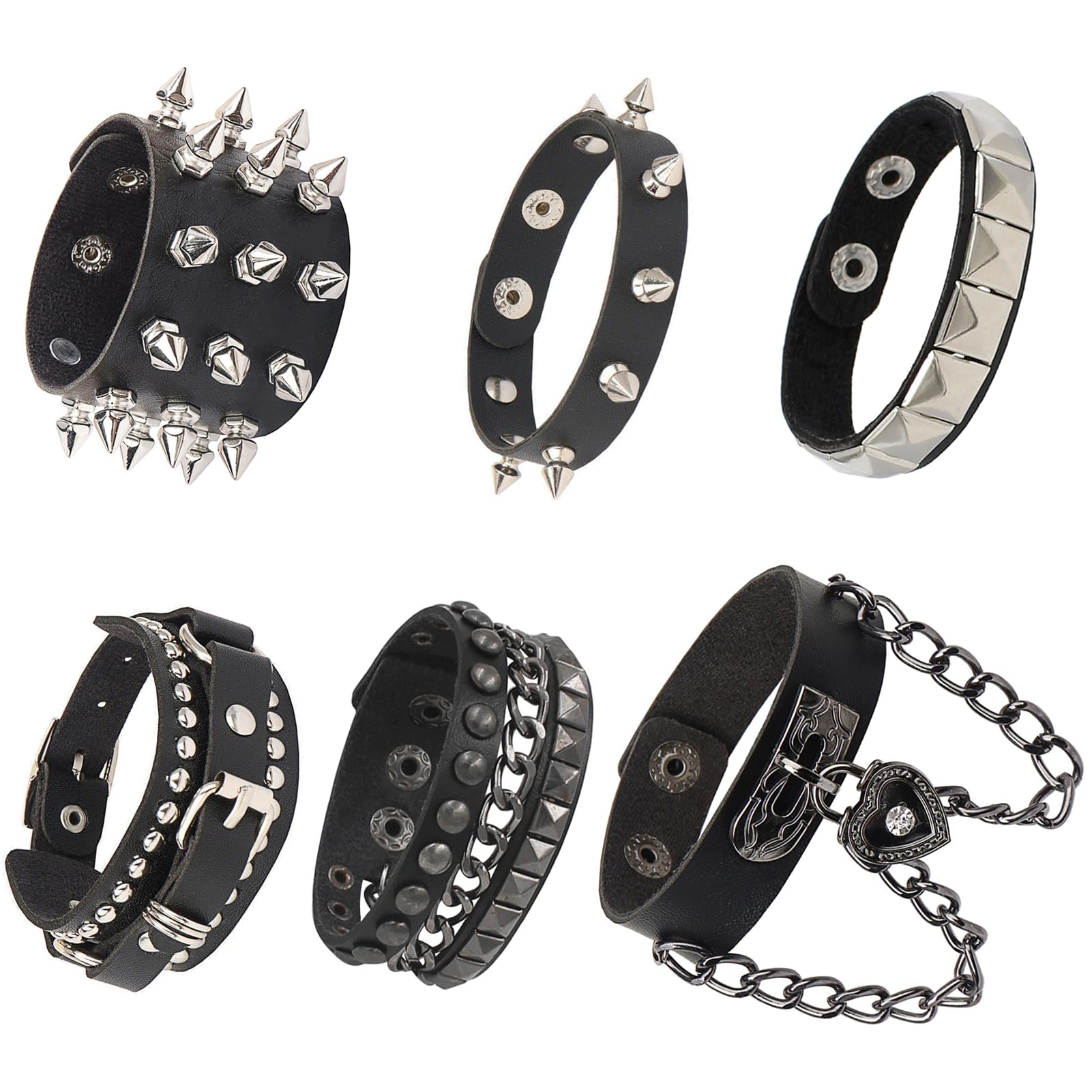ZKLYPJ 6Pcs Punk Goth PU Leather Bracelet Studded Spike Rivet Buckle Wristband Cuff Bangle Black Gothic Steampunk for Men Women Unisex 80s Cool Rock Style Party Favors Jewelry Cosplay Night Club Sexy Gift Halloween Christmas Accessories