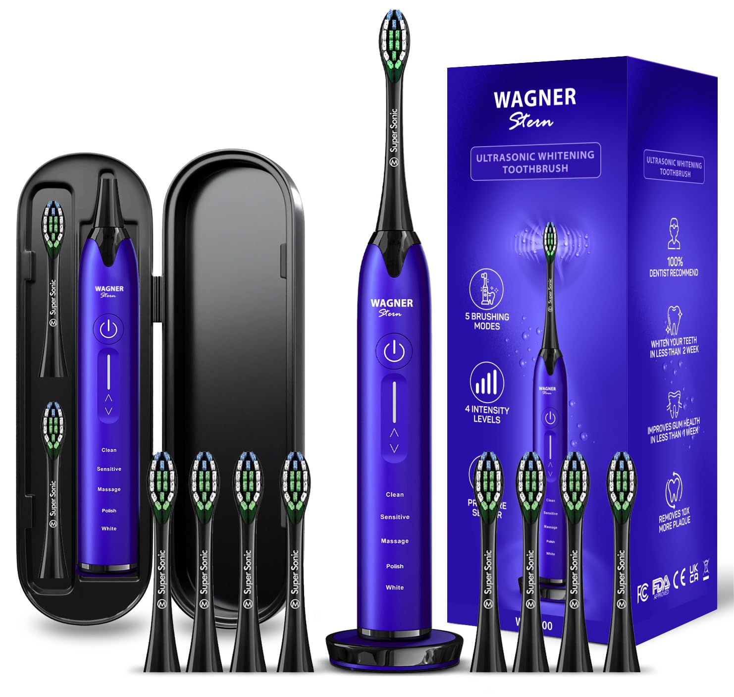 Wagner SternUltrasonic whitening Toothbrush with Pressure Sensor. 5 Brushing Modes and 4 Levels of Intensity, 8 Soft bristles, Travel case.