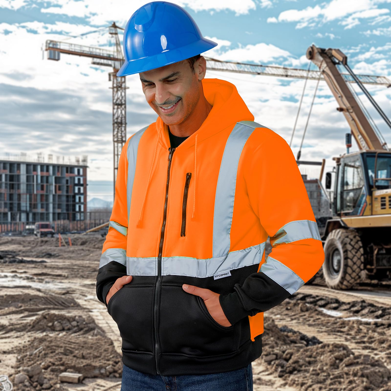 HYCOPROT Felpa ad Alta visibilità per Uomo Hi Vis Viz Felpa con Cappuccio di Sicurezza Felpa Leggera Giacca da Lavoro Riflettente Tasche Cappotto di Sicurezza con Cerniera e Coulisse EN ISO 20471