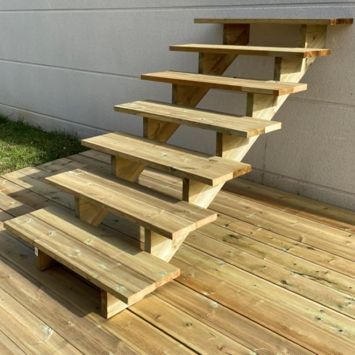 Escalera exterior de madera, de 2 a 7 peldaños, kit listo para usar, de madera, para jardín, balcón y terraza (7peldaños sin contrahuellas,100cm)