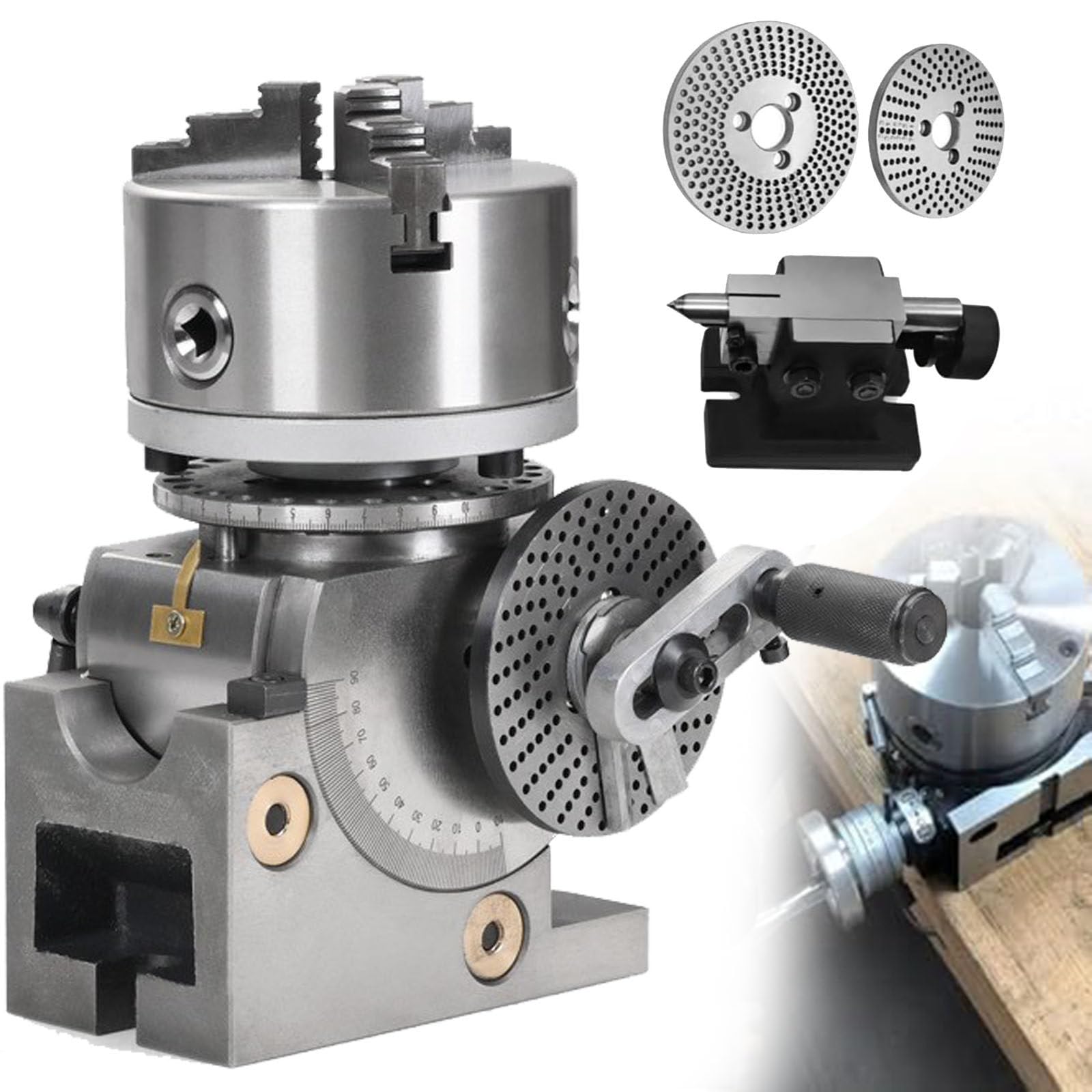 JozyJul Rotary indexing heads for milling machines,Dividing Head Set,3-jaw Chuck Semi Universal Milling Set with Chuck+Tailstock+Dividing Plates for Milling Grinding Drilling Machine 6in/160mmchuck
