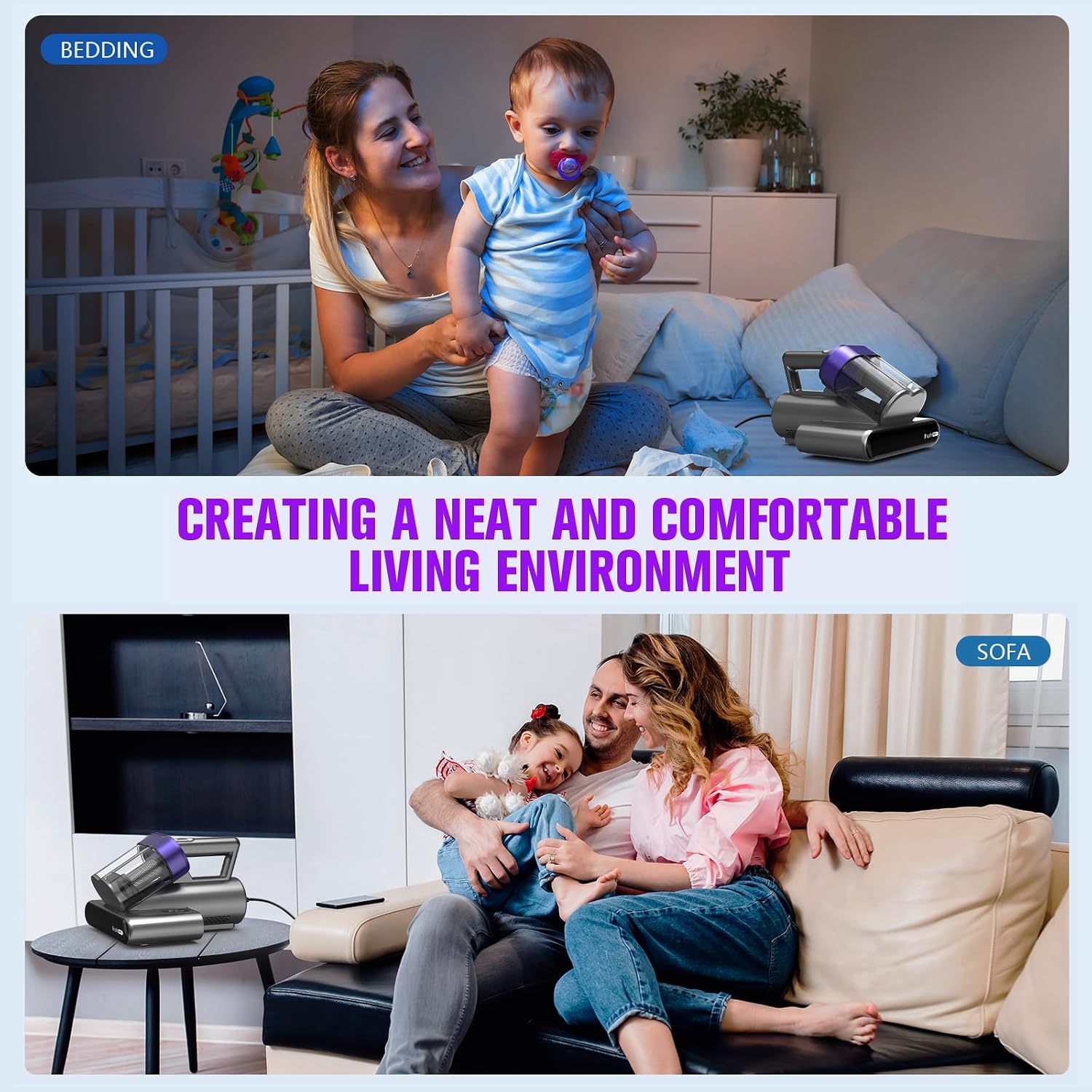 Bed Vacuum Cleaner Mattress Vacuum Cleaner,16Kpa Powerful Handheld Vacuums with UV-C Light & Double Dust Cup & High Heating & Ultrasonic & HEPA Filter for Bed Sofa(Corded, Black & Purple)