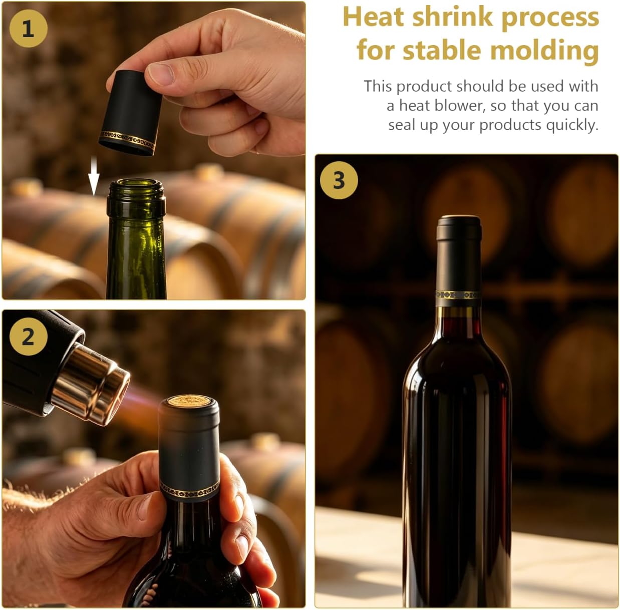 DOITOOL 100 Pcs PVC Heat Shrink Capsules Wine Sealer Shrink Wrap Caps Bottle Corks Capsules for Professional Wine Making Cellars and Home Use (Black)