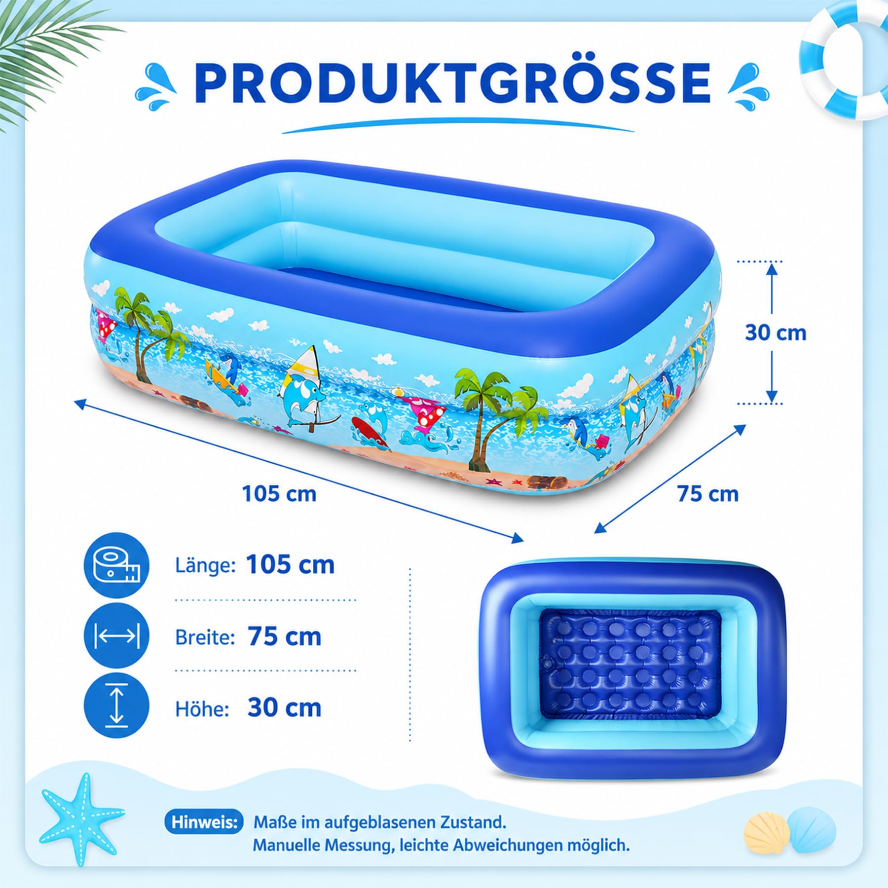 Planschbecken für Kinder,Kinderpool,Planschbecken Eckig,Planschbecken Deep Dive 105 x 75 x 30 cm,Pool für Sommer Strand Garten Wasserspaß