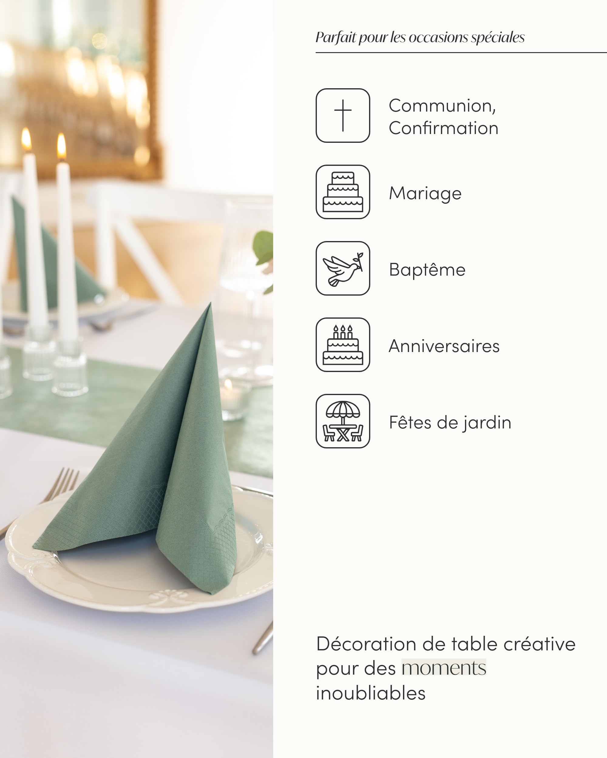 100% Mosel Kit de décoration de table – Vert Eucalyptus (25–50 Invités) | Chemin de Table en Intissé & Serviettes en Papier pour Mariage, Baptême, Communion & Anniversaire