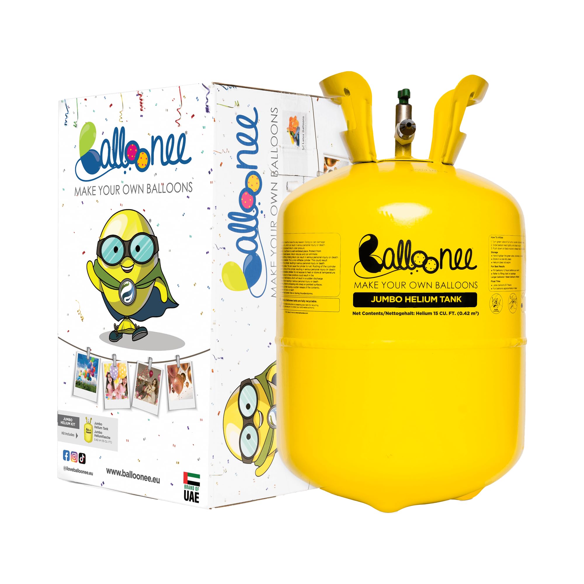 Balloonee Jumbo - Kit de helio desechable para fiestas (bombona de gas helio para aprox. 50 globos, 400 litros de gas helio para llenar globos de látex y aluminio), ideal para decoraciones de