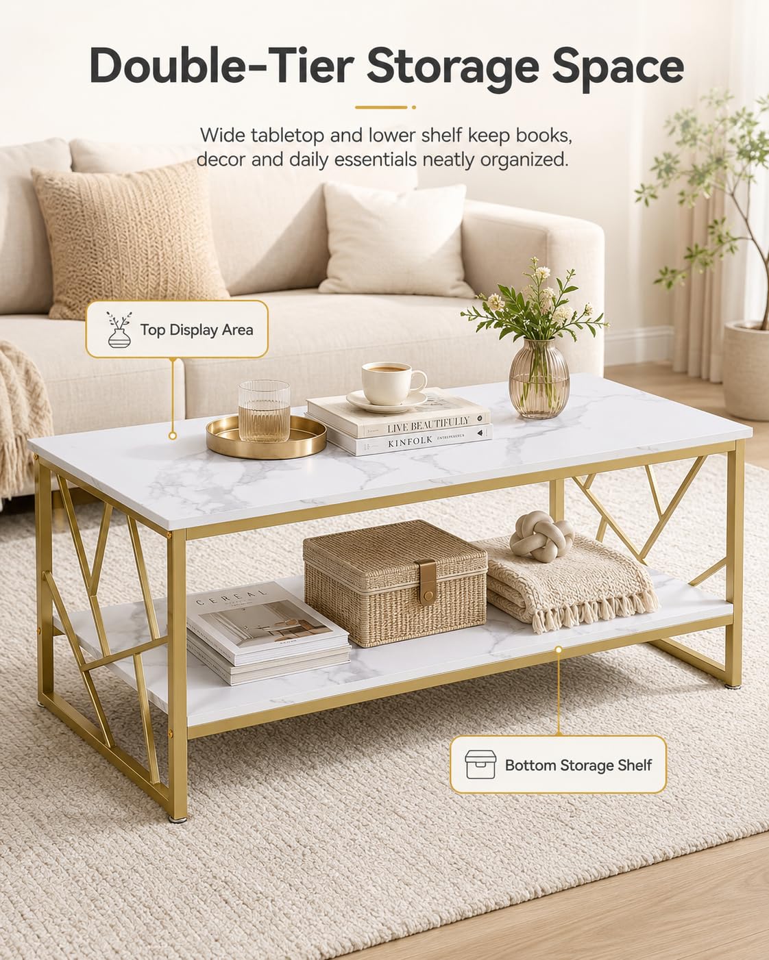 Couchtisch 110x50 cm - Weißer Wohnzimmertisch mit Stauraum, MDF Marmoroptik Sofa Tische, Moderner Kaffetisch fürs Wohnzimmer